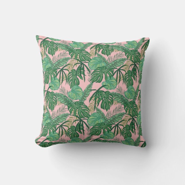 Green Leaves Reversible Tropical Throw Pillow (Front)