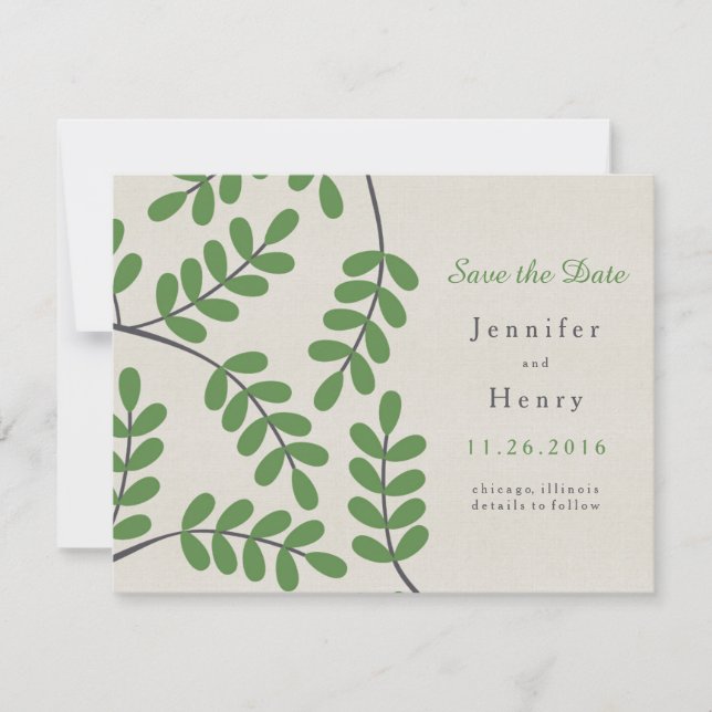 Green Leaves Save the Date cards (Front)