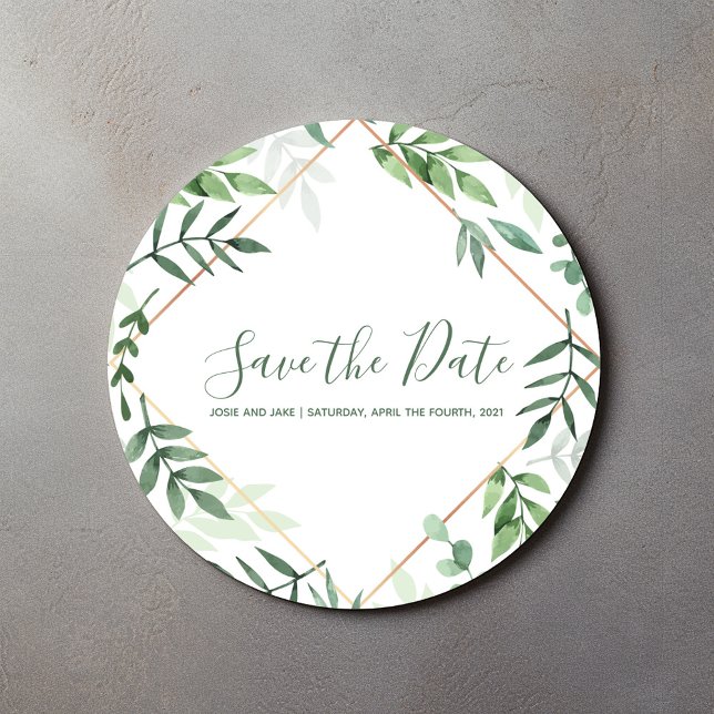 Green leaves Save the date garden wedding Classic Round Sticker (Creator Uploaded)