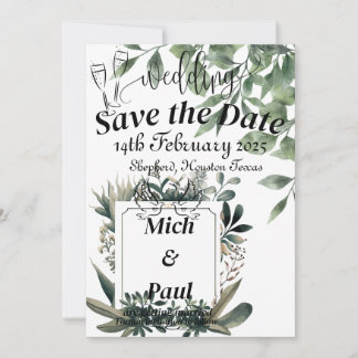 Green Leaves Save the Date with Elegant White Back Invitation