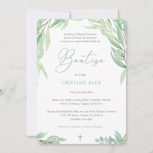 Green Leaves Spanish Bautizo, Greenery Boy Baptism Invitation (Front)