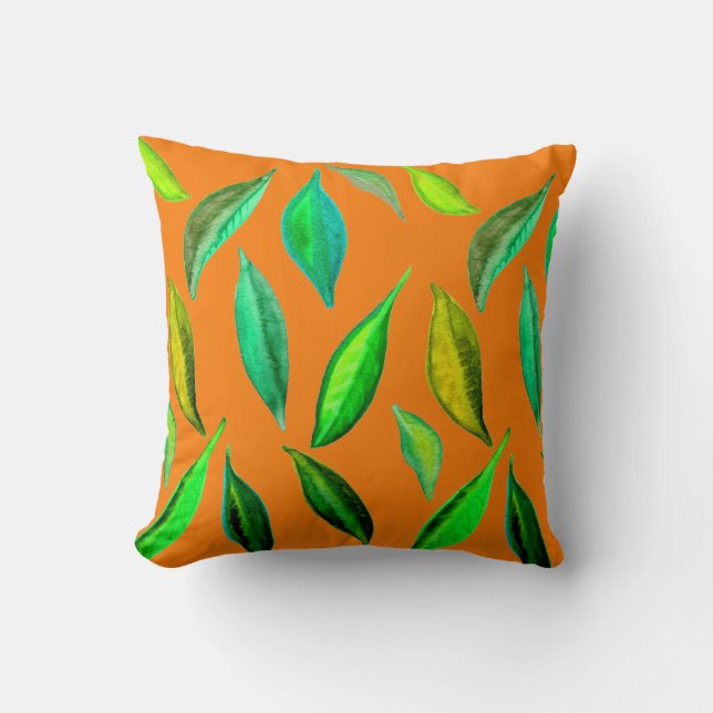 Green Leaves watercolor environmental Cushion (Front)