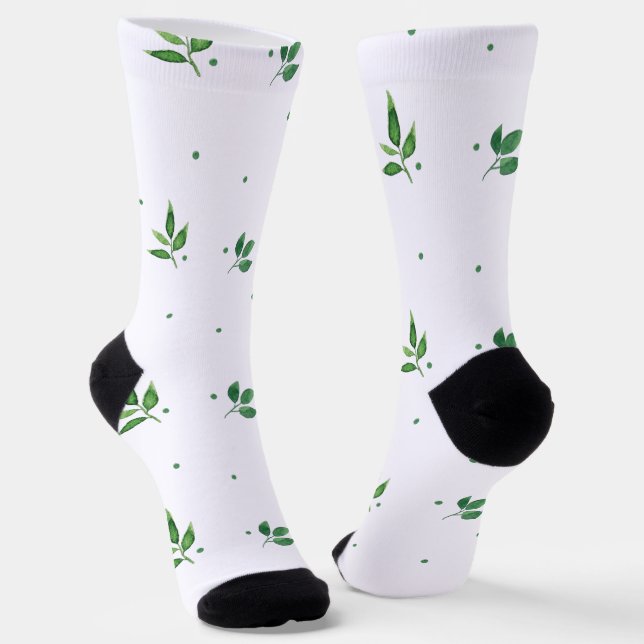 Green Leaves watercolor pattern Socks (Angled)