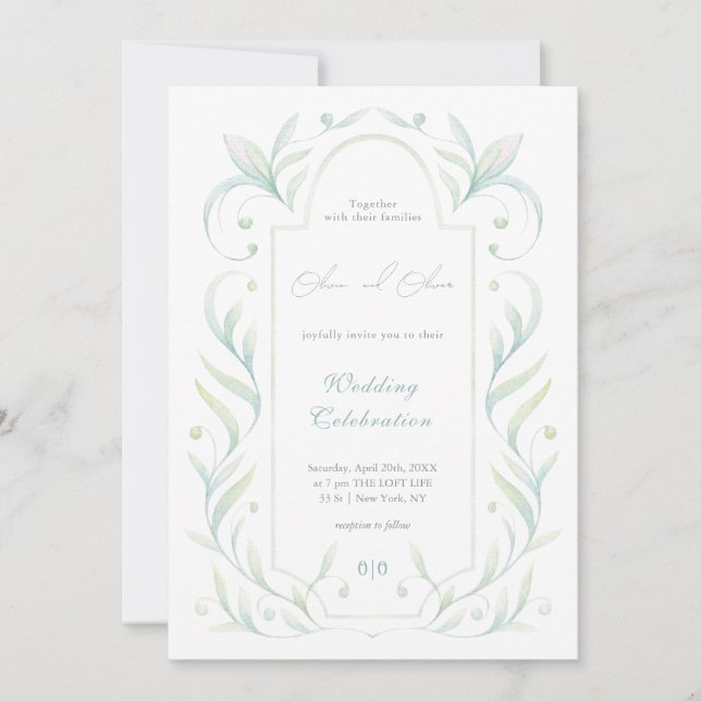 Green Leaves Wedding Invitation (Front)