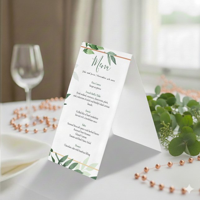 Green leaves wedding reception menu table top (Green leafy and copper wedding menu.)