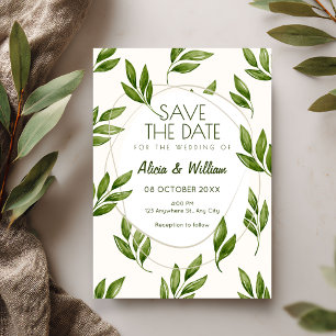 Green leaves wedding save the date