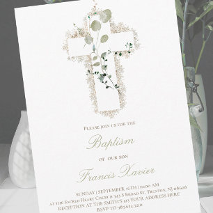 green leaves white cross Baptism  Invitation