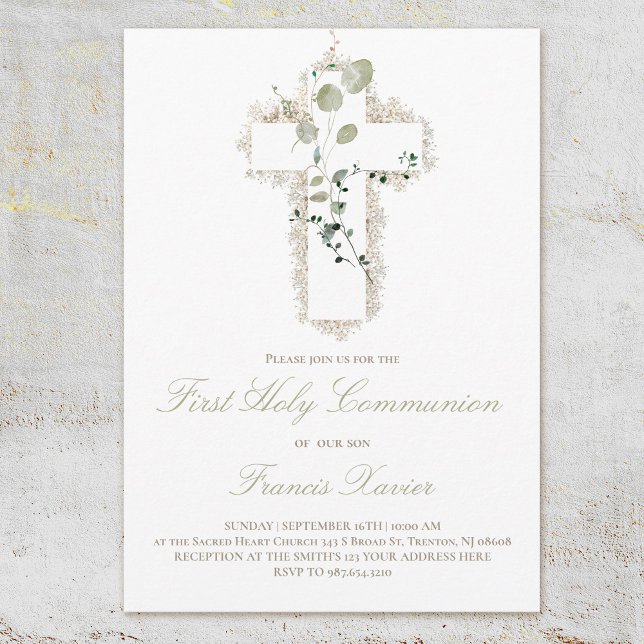 green leaves white cross First Holy Communion Invitation (Creator Uploaded)