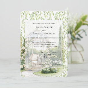 Green Leaves White Floral Love Bunny Wedding Invitation