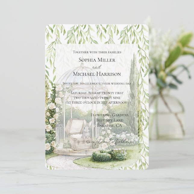 Green Leaves White Floral Love Bunny Wedding Invitation (Standing Front)