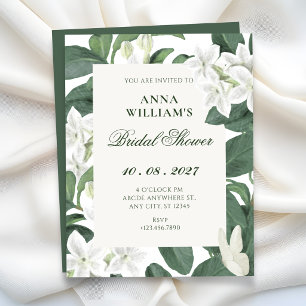 Green leaves white flowers bridal shower invitation