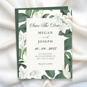 Green leaves white flowers wedding save the date