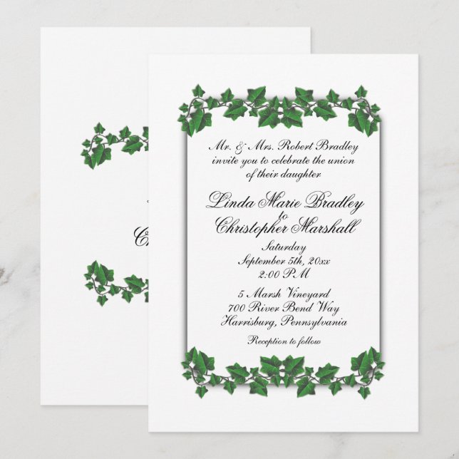 Green Leaves White Wedding Invitation (Front/Back)