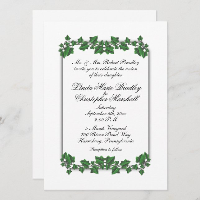 Green Leaves White Wedding Invitation (Front/Back)