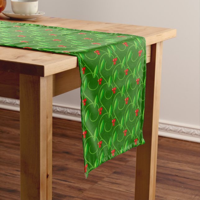 Green Leaves with Little Red Wild Berries on Green Medium Table Runner (In Situ)