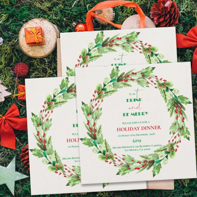 Green Leaves Wreath Christmas Party Invitation (Green Leaves Wreath Christmas Party Invitation)