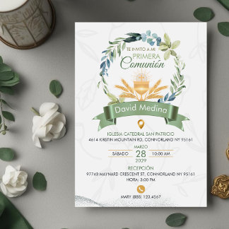 Green Leaves Wreath First Holy Communion Catholic Invitation
