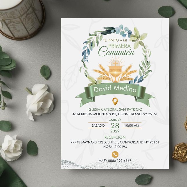Green Leaves Wreath First Holy Communion Catholic Invitation (Creator Uploaded)