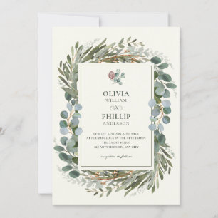 GREEN LEAVES WREATH WEDDING  INVITATION