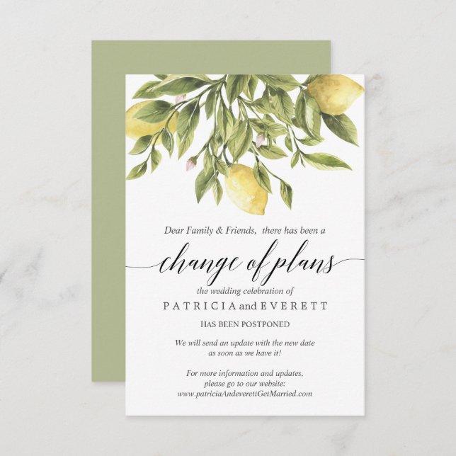 Green Lemons and Foliage Wedding Change of Plans Invitation (Front/Back)