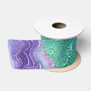 Green Leopard Agate   Glam Abstract Stone Pattern Satin Ribbon