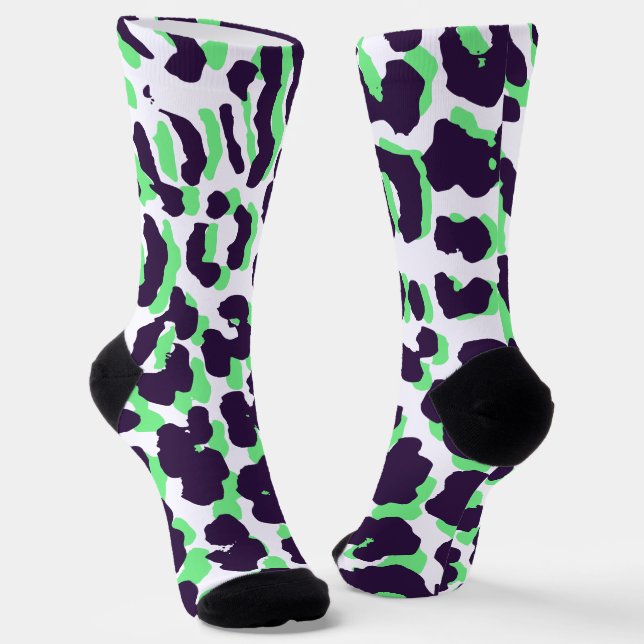 Green Leopard Print Sustainable Premium Crew Socks (Angled)