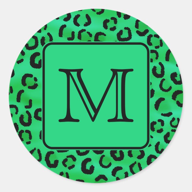 Green Leopard Print with Custom Monogram. Classic Round Sticker (Front)