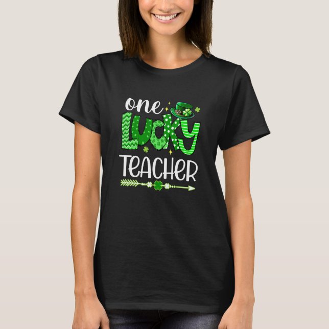 Green Leopard Shamrock One Lucky Teacher St Patric T-Shirt (Front)