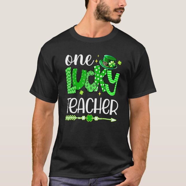 Green Leopard Shamrock One Lucky Teacher St Patric T-Shirt (Front)