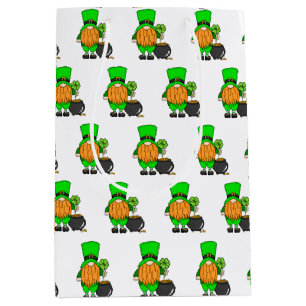 Green Leprechaun Gnome with Shamrock   Medium Gift Bag