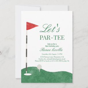 Green Let’s Par-Tee Golf First WatercolorBirthday  Invitation