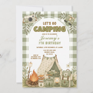 Green Let's Go Camping Birthday Outdoor Adventure Invitation