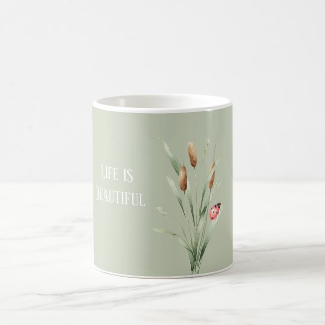 Green Life is Beautiful Cattails Ladybug Coffee Mug (Center)