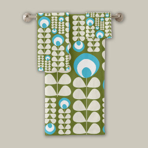 Green, Light Blue, Cream Mid Mod Flowers Pattern Bath Towel Set