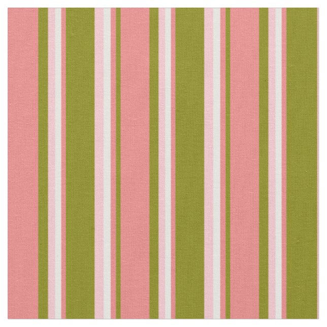 Green, Light Coral, White & Pink Stripes Fabric (Close Up)