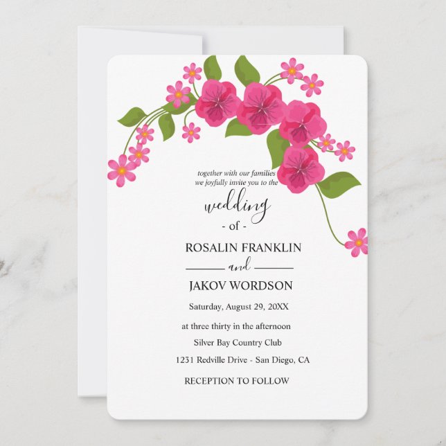 green & light magenta floral wedding invitation (Front)