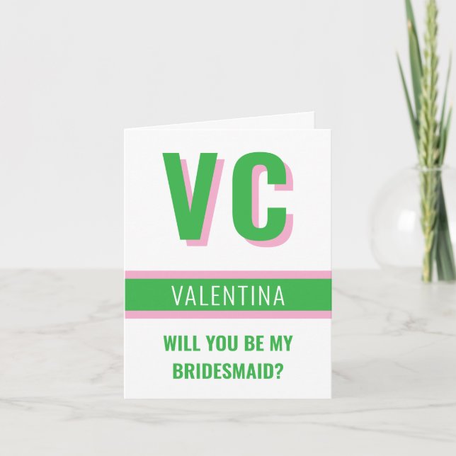 Green + Light Pink Monogram Bridesmaid Proposal  Invitation (Front)