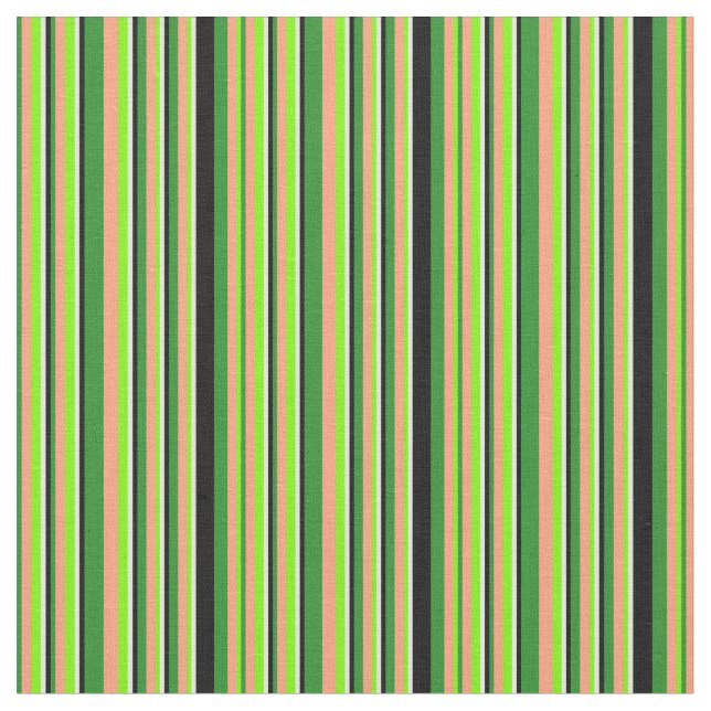 Green, Light Salmon, Black & Light Yellow Stripes Fabric (Close Up)