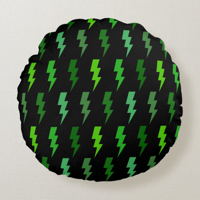 Green Lightning Bolt Electric Storm Thunder Round Cushion (Front)