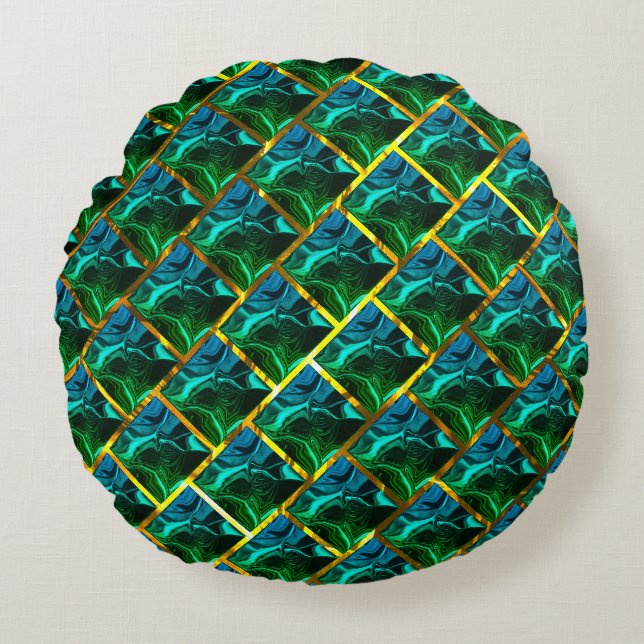 Green like emerald under a golden grating? round cushion (Front)