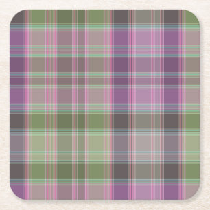 Green, lilac classic tartan. square paper coaster