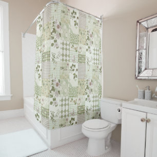  Green Lilac Patchwork Quilt Rustic Floral Retro  Shower Curtain