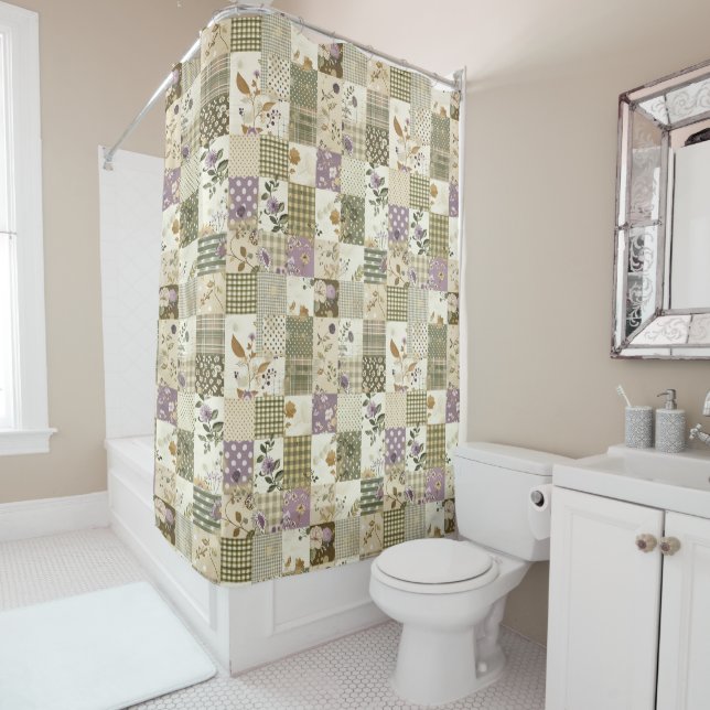  Green Lilac Patchwork Quilt Rustic Floral Retro  Shower Curtain (In Situ)