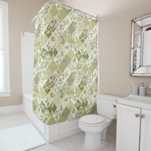 Green Lilac Patchwork Quilt Rustic Floral Retro  Shower Curtain