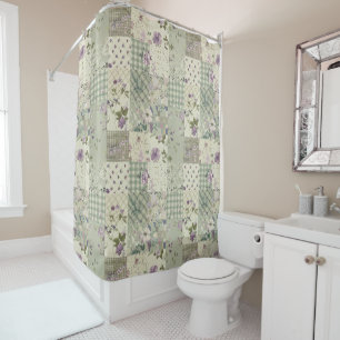  Green Lilac Patchwork Quilt Rustic Floral Retro  Shower Curtain