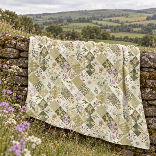 Green Lilac Quilt Patchwork Gingham Cottagecore Fleece Blanket