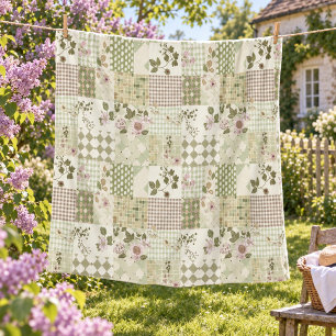 Green Lilac Quilt Patchwork Gingham Cottagecore Fleece Blanket