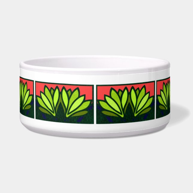 Green Lily Flower Pattern Ceramic Dog Bowl (Front)