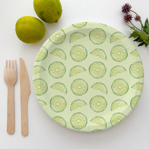 Green Lime Citrus Fruit Slices Illustrated Pattern Paper Plate