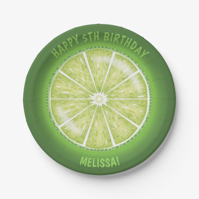 Green Lime Fruit Slice Illustration Birthday Paper Plate (Front)